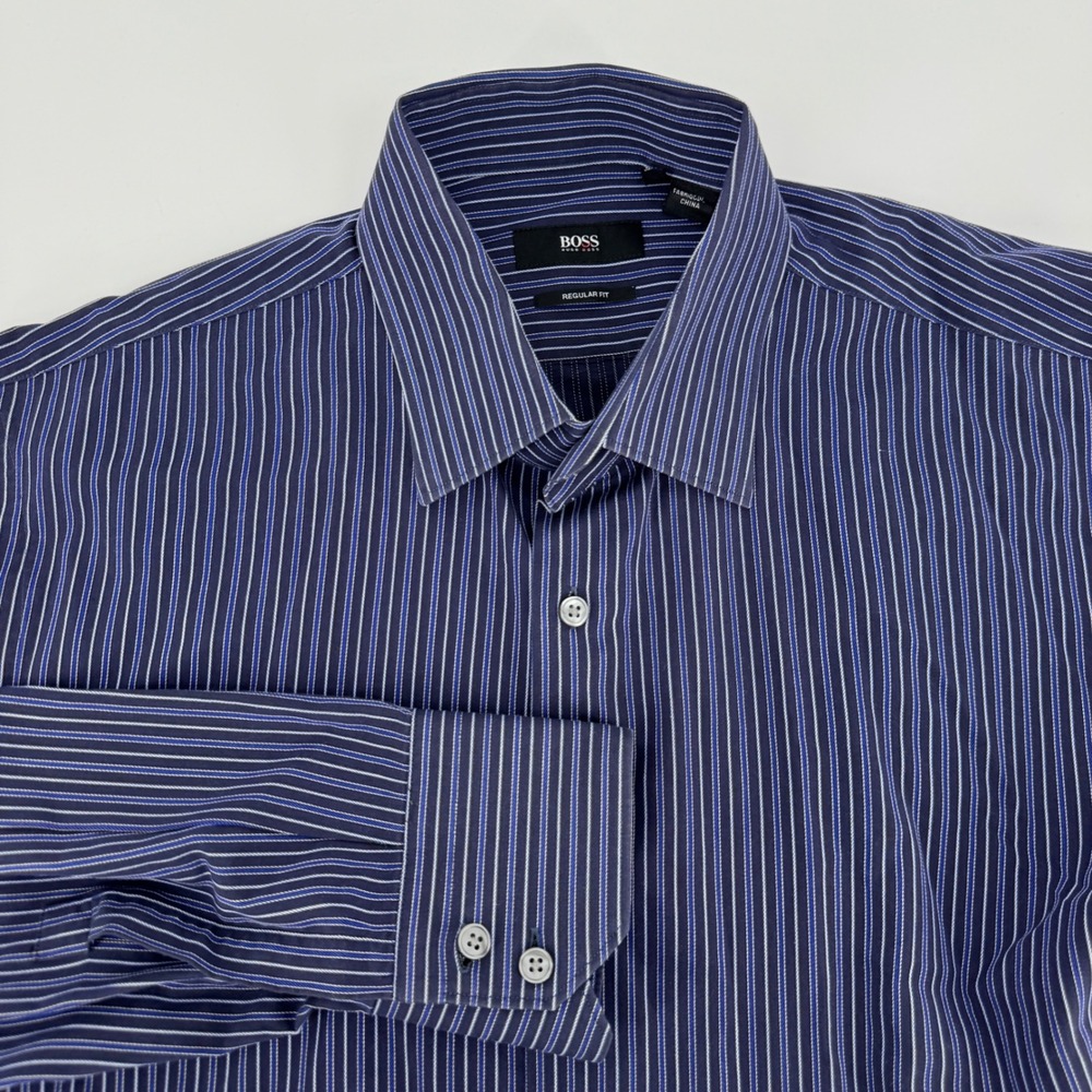 Hugo Boss Regular Fit Blue Striped Long Sleeve Button Down Shirt 15.5 32/33